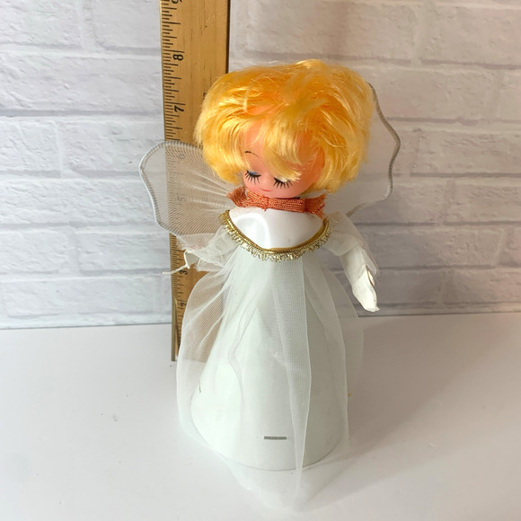 Vintage Christmas Angel Tree Topper Japan 1960s MCM 8” Cone Eyes Closed Blonde - Picture 8 of 8